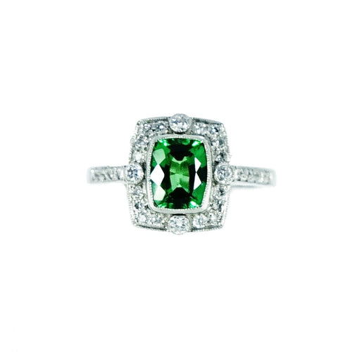 Manfredi Jewels Jewelry - Platinum Cushion Tsavorite & Diamond Ring