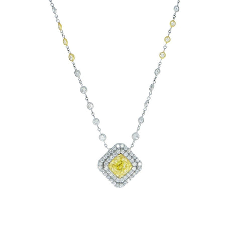 Platinum Double Row Yellow Diamond Square Necklace