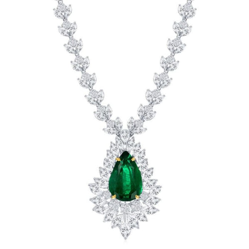 Manfredi Jewels Jewelry - Platinum Emerald & Diamond Drop Necklace
