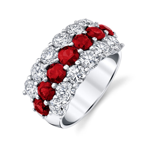 Round Cut 18K White Gold 1.92 ct Diamond & 1.45 ct Rubies Band Ring