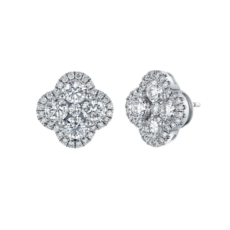 Manfredi Jewels Jewelry - Round Cut 18K White Gold 1.96ct Diamond Clover Halo Stud Earrings | Manfredi Jewels
