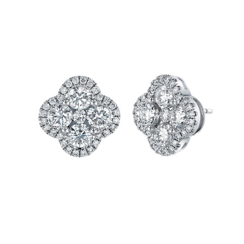 Manfredi Jewels Jewelry - Round Cut 18K White Gold 1.96ct Diamond Clover Halo Stud Earrings