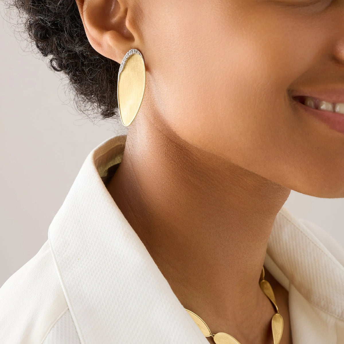 Marco Bicego Jewelry - Lunaria 18K Yellow Gold Medium Statement Stud Earrings with Diamond Pavé | Manfredi Jewels