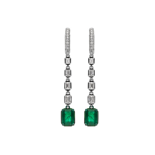 Mariani Jewelry - 18K White Gold Emeralds & Diamonds Dangling Earrings | Manfredi Jewels