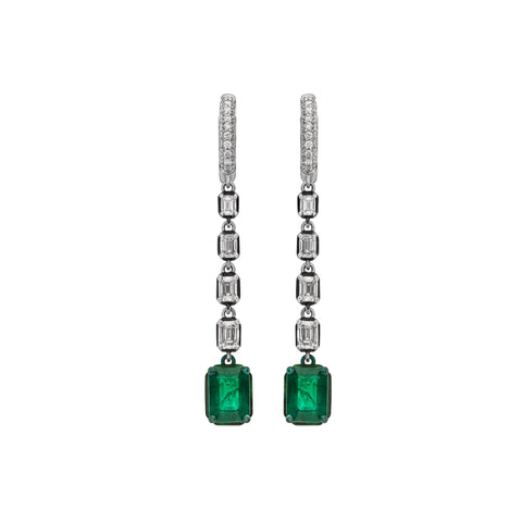 18K White Gold Emeralds & Diamonds Dangling Earrings