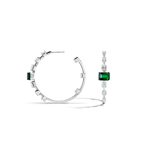 Mariani Jewelry - 18K White Gold Emeralds & Diamonds Hoop Earrings | Manfredi Jewels