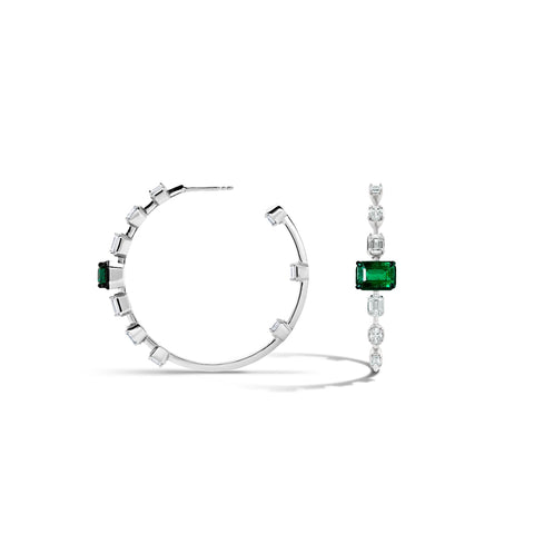 18K White Gold Emeralds & Diamonds Hoop Earrings