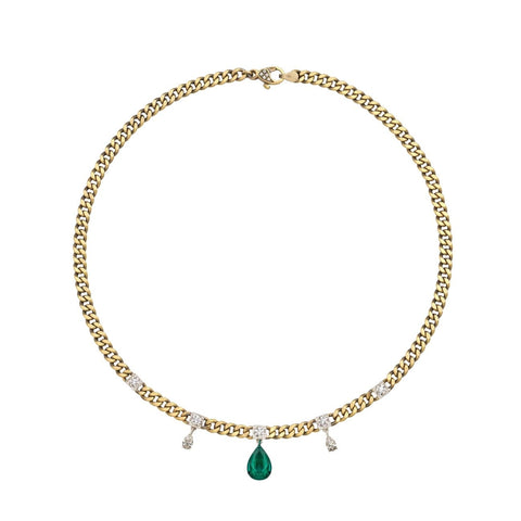 Curb Link 18K Yellow Gold Diamonds and Emerald Chain Necklace