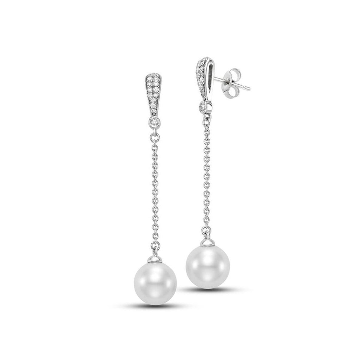 Mastoloni Jewelry - 18KT WHITE GOLD 9-9.5MM PEARL DROP EARRINGS SET WITH DIAMONDS | Manfredi Jewels