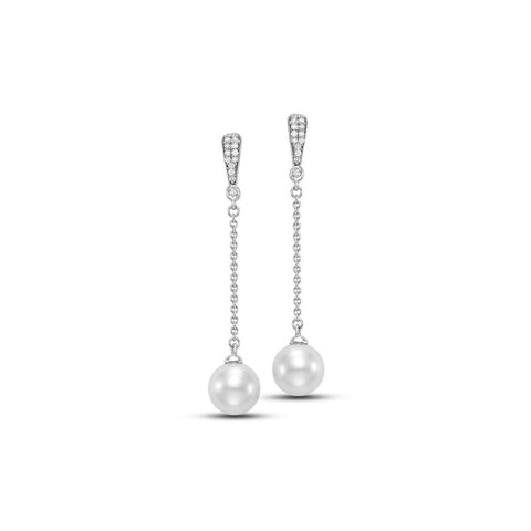 18KT WHITE GOLD 9-9.5MM PEARL DROP EARRINGS SET WITH DIAMONDS