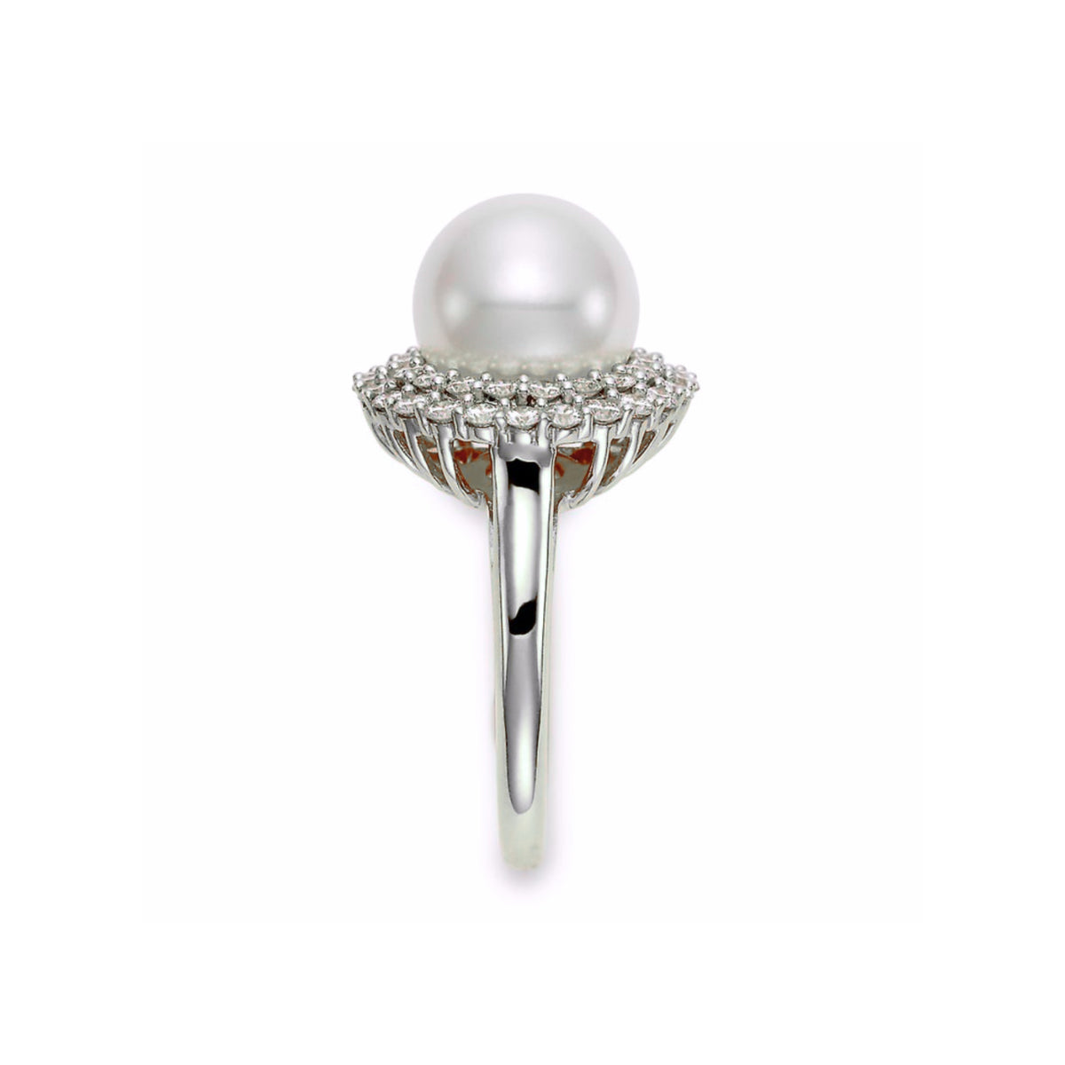 Mastoloni Jewelry - Cultured Fresh Water White Pearl 18K White Gold 10.5mm Double Halo Diamond Ring | Manfredi Jewels