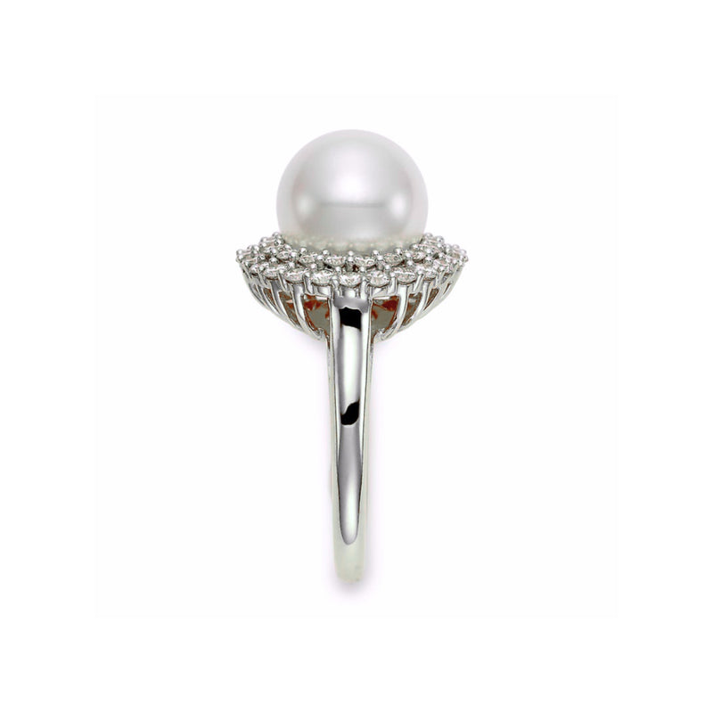 Mastoloni Jewelry - Cultured Fresh Water White Pearl 18K White Gold 10.5mm Double Halo Diamond Ring | Manfredi Jewels