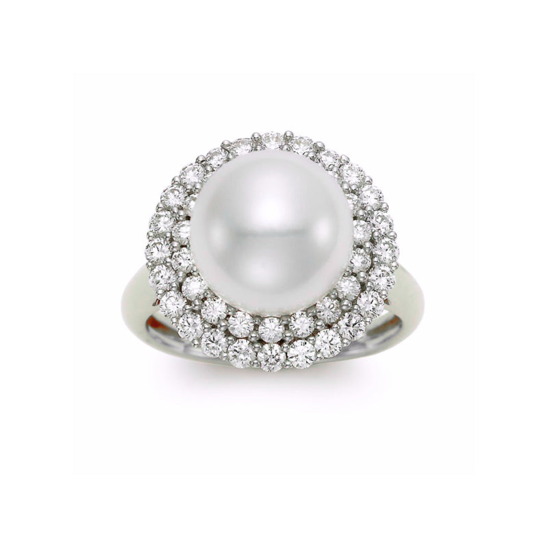 Mastoloni Jewelry - Cultured Fresh Water White Pearl 18K White Gold 10.5mm Double Halo Diamond Ring | Manfredi Jewels