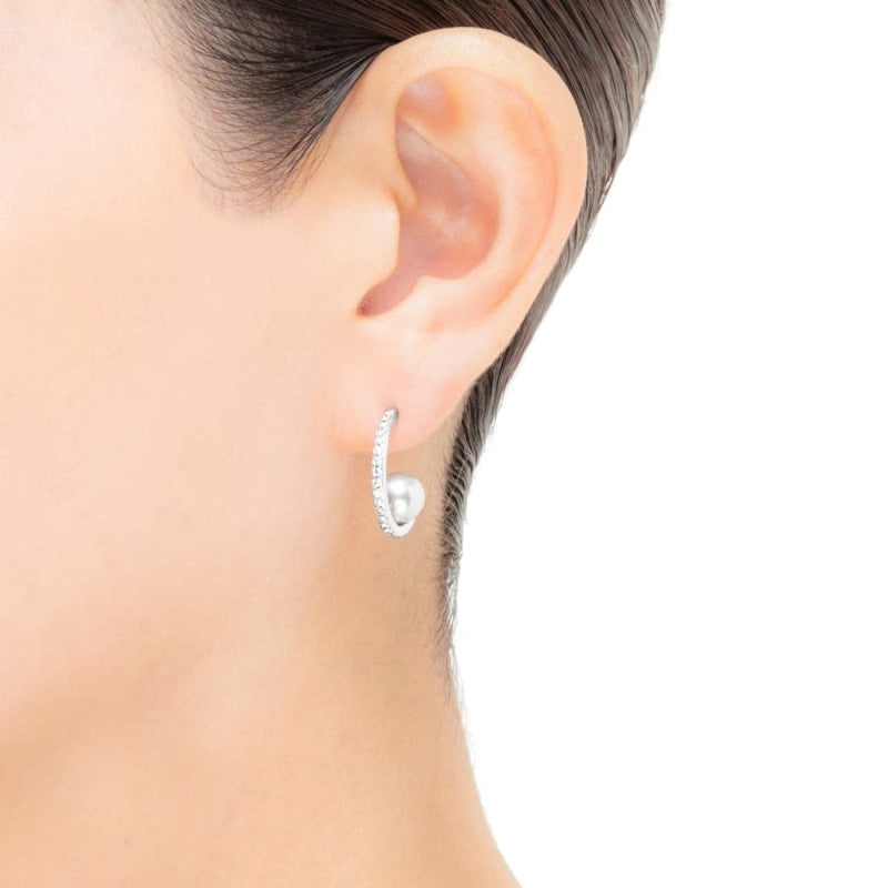 Mikimoto Akoya 18k White Gold Floating Cultured Pearl Diamond Hoop Earrings Jewelry Manfredi