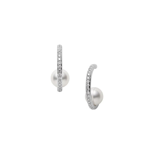 Mikimoto Jewelry - Akoya 18K White Gold Floating Cultured Pearl & Diamond Hoop Earrings | Manfredi Jewels