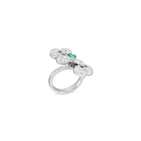 Ischia 18K White Gold Diamonds Sapphires & Emeralds Ring
