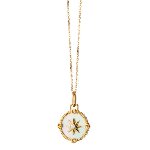 Monica Rich Kosann Jewelry - ’Adventure’ 18K Yellow Gold Mini Compass Mother Of Pearl & Diamond Charm Necklace | Manfredi Jewels