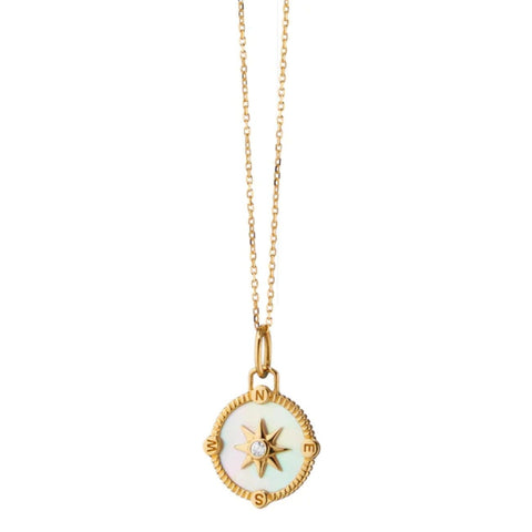 "Adventure" 18K Yellow Gold Mini Compass Mother Of Pearl & Diamond Charm Necklace