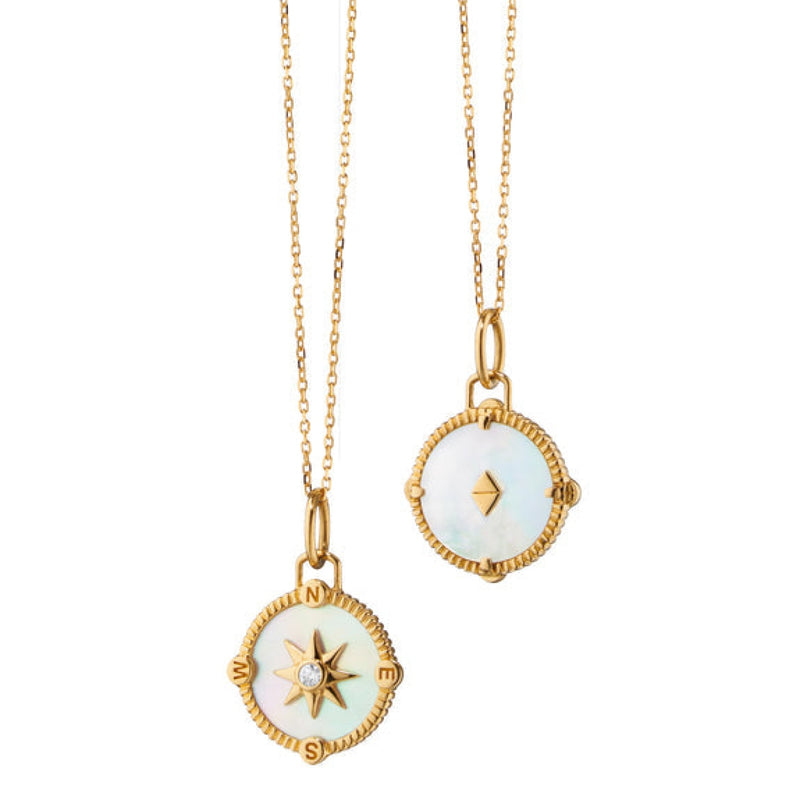 Monica Rich Kosann Jewelry - ’Adventure’ 18K Yellow Gold Mini Compass Mother Of Pearl & Diamond Charm Necklace | Manfredi Jewels