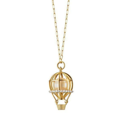 Monica Rich Kosann Jewelry - ’Adventure’ Hot Hair Balloon 18K Yellow Gold Pearl & Diamond Charm Necklace | Manfredi Jewels