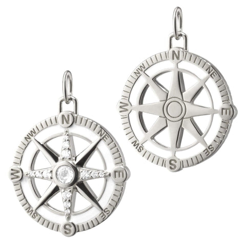 Adventure Sterling Silver White Enamel and Sapphires Compass Charm Pendant