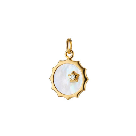 "Happiness" 18K Yellow Gold Mother Of Pearl & Diamond Sun and Star Charm Pendant