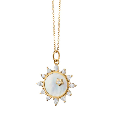 "Happiness" 18K Yellow Gold Mother Of Pearl & Diamond Sun Charm Necklace