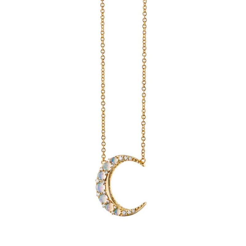 Monica Rich Kosann Jewelry - Midi Crescent Moon 18K Yellow Gold Water Opal & Diamond Necklace | Manfredi Jewels