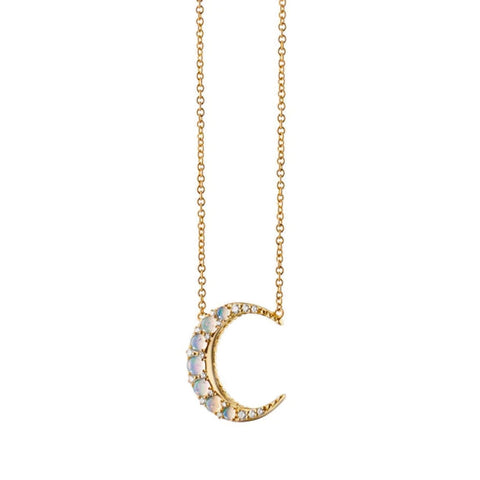 Midi Crescent Moon 18K Yellow Gold Water Opal & Diamond Necklace