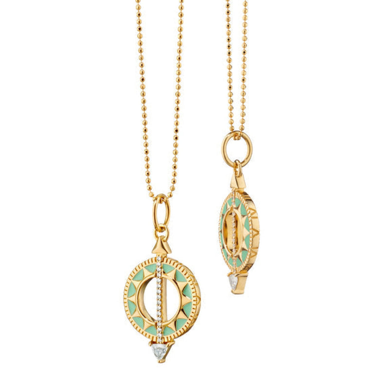 Monica Rich Kosann Jewelry - Mini Sundial 18K Yellow Gold Green Enamel & Diamond Necklace | Manfredi Jewels