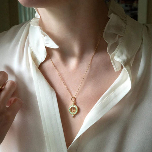 Monica Rich Kosann Jewelry - Mini Sundial 18K Yellow Gold Green Enamel & Diamond Necklace | Manfredi Jewels