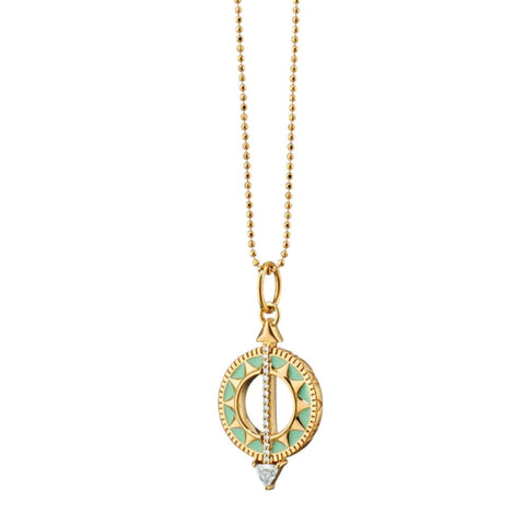 Sundial 18K Yellow Gold Green Enamel & Diamond Small Necklace