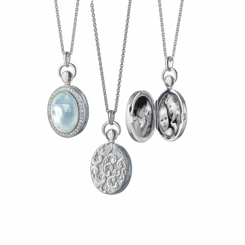Sterling Silver Blue Topaz over Mother of Pearl Doublet and White Sapphire Border Petite Stone Locket Necklace