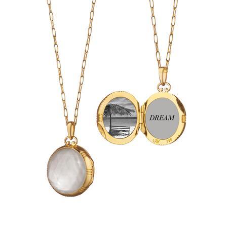 PETITE MOTHER OF PEARL LOCKET 18K Yellow Gold 3/4" locket necklace for two photos.