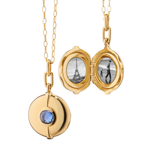 Monica Rich Kosann Jewelry - Round Blue Sapphire 18K Yellow Gold Locket Necklace | Manfredi Jewels