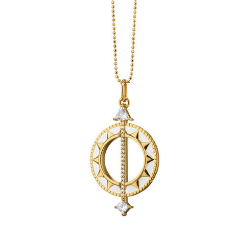 Sundial 18K Yellow Gold White Enamel & Diamond Large Necklace