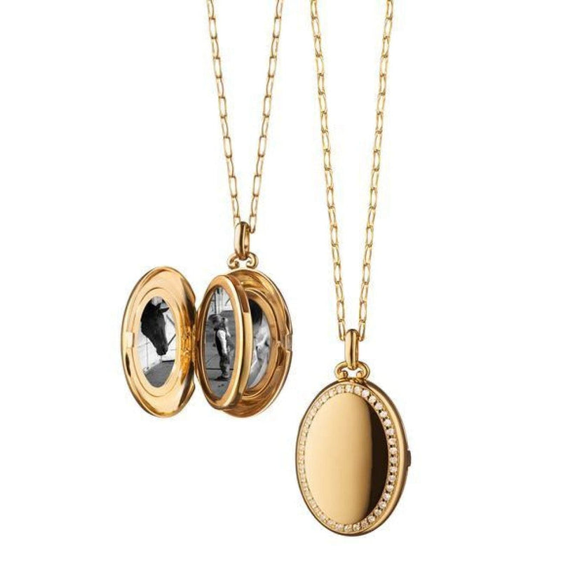 Monica Rich Kosann Jewelry - The Four Image ’Midi’ 18K Yellow Gold Diamond Border Locket Necklace | Manfredi Jewels