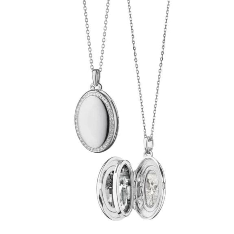 Monica Rich Kosann Jewelry - Mini Sterling Silver Four Image White Sapphire Border Locket Necklace | Manfredi Jewels