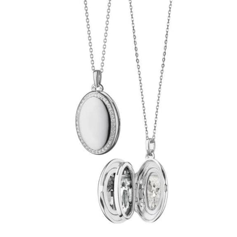 Midi Sterling Silver Four Image White Sapphire Border Locket Necklace