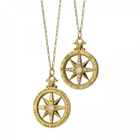 "TRAVEL" COMPASS CHARM NECKLACE 18K Yellow Gold 1" charm with diamond accents on a 30" chain