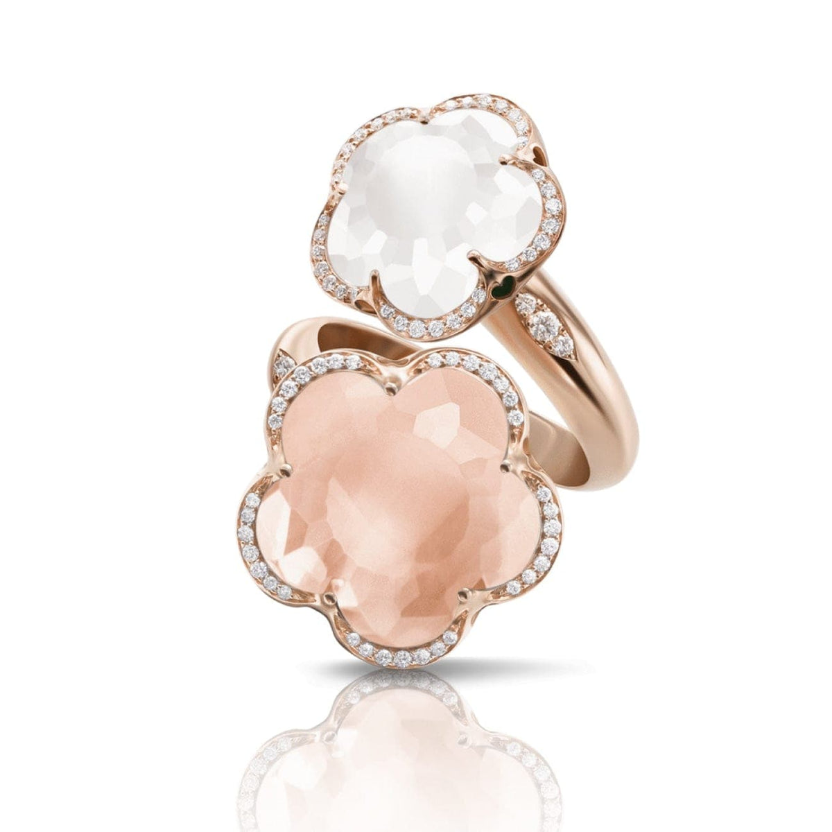 Pasquale Bruni Jewelry - Bon Ton 18K Rose Gold Rose & Milky Quartz Diamond Double Flower Ring | Manfredi Jewels