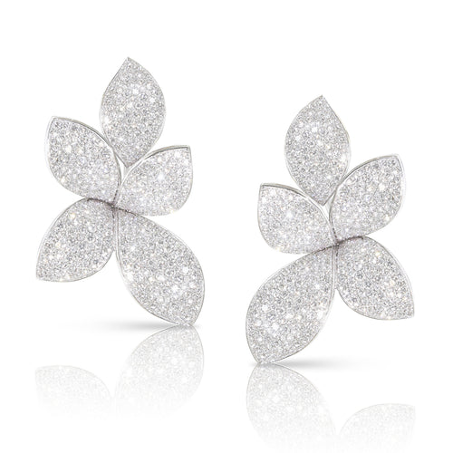 Pasquale Bruni Jewelry - Giardini Segreti 18K White Gold Pavé Diamond Large Flower and Peatal Drop Earrings | Manfredi Jewels