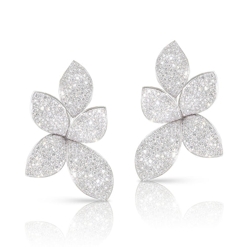 Pasquale Bruni Jewelry - Giardini Segreti 18K White Gold Pavé Diamond Large Flower and Peatal Drop Earrings | Manfredi Jewels
