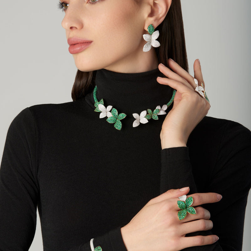 Pasquale Bruni Jewelry - Giardini Segreti 18k White Gold Pavé Emerald and Diamond Green Soul Collier | Manfredi Jewels