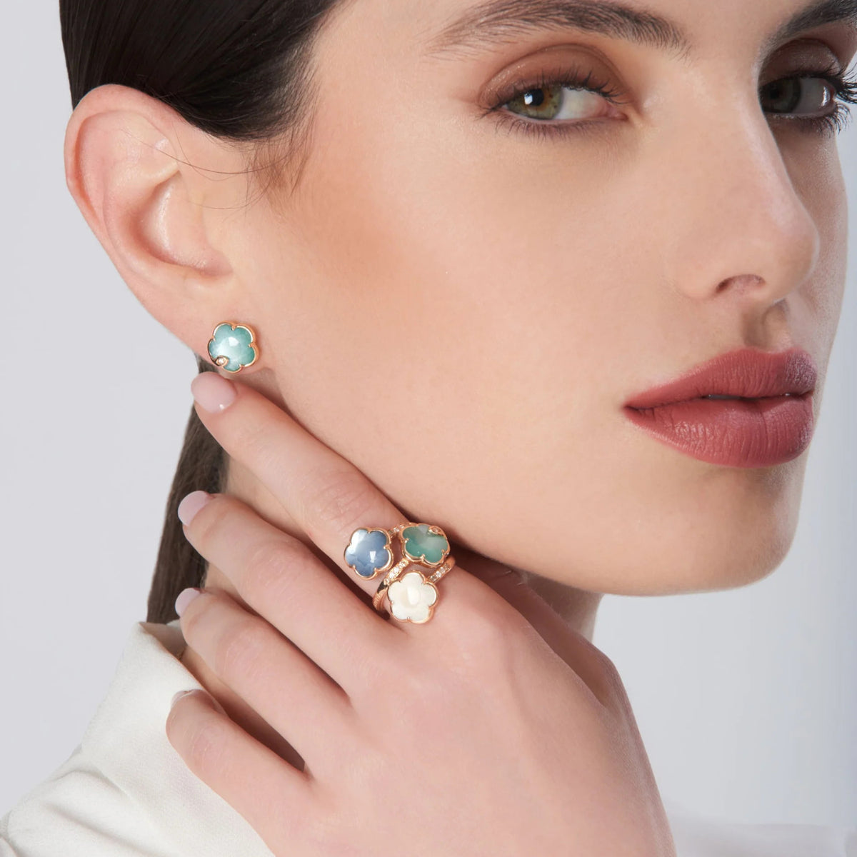 Pasquale Bruni Jewelry - Petit Joli 18K Rose Gold Lunaire Green Agate White Moonstone and Diamond Earrings | Manfredi Jewels