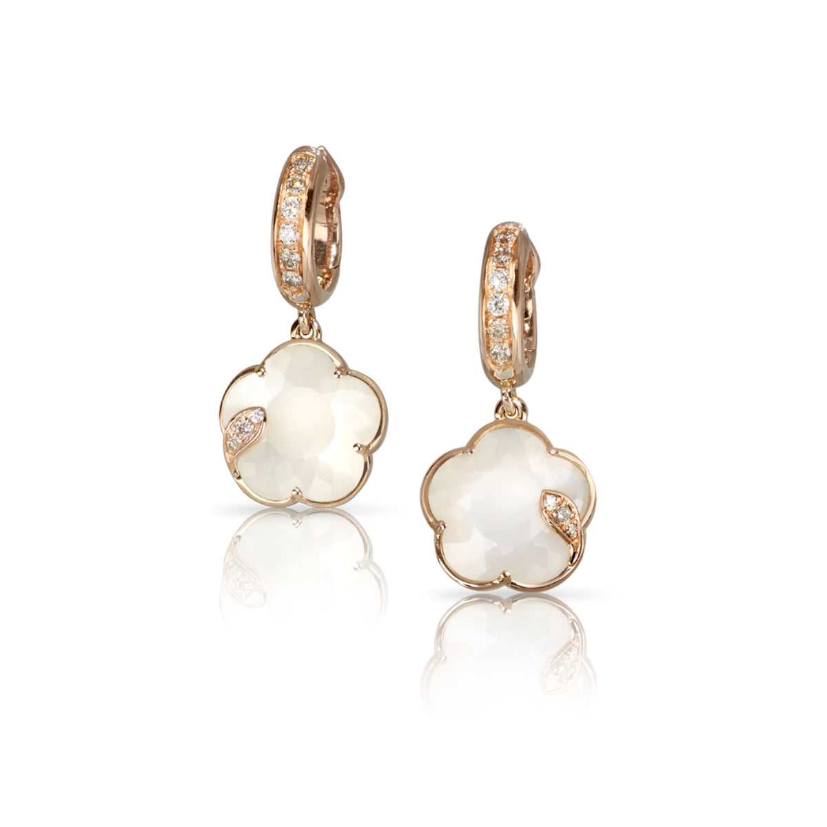 Pasquale Bruni Jewelry - Petit Joli 18K Rose Gold Mother of Pearl & White Moonstone Diamond Drop Pavé Hoop Earrings | Manfredi Jewels