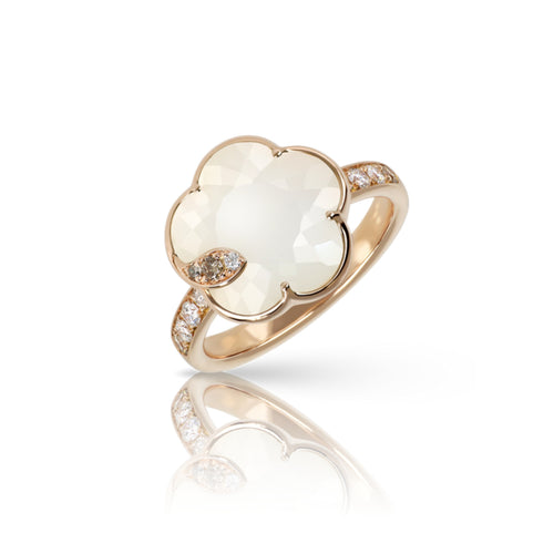 Pasquale Bruni Jewelry - Petit Joli 18K Rose Gold Pearl of the Moon Mother of Pearl & White Moonstone Diamond Flower Ring | Manfredi Jewels