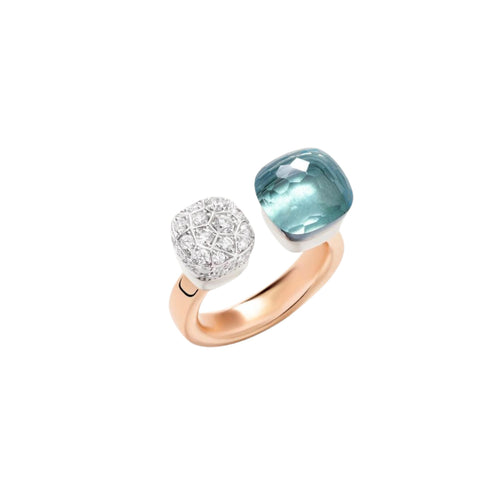 Pomellato Jewelry - Nudo 18K Rose Gold Double Sky Blue Topaz & Diamond Pavé Ring | Manfredi Jewels