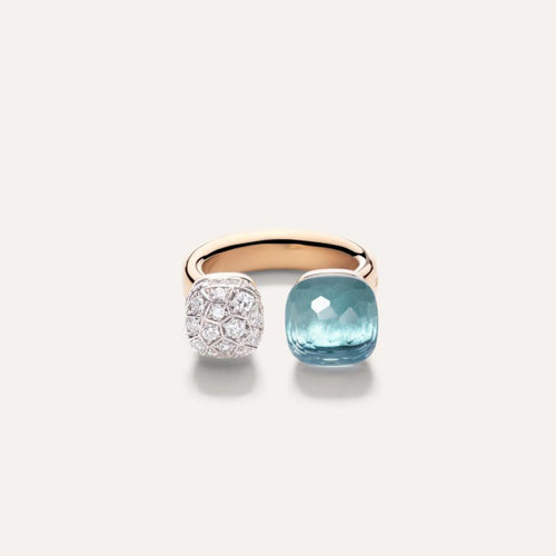 Pomellato Jewelry - Nudo 18K Rose Gold Double Sky Blue Topaz & Diamond Pavé Ring | Manfredi Jewels