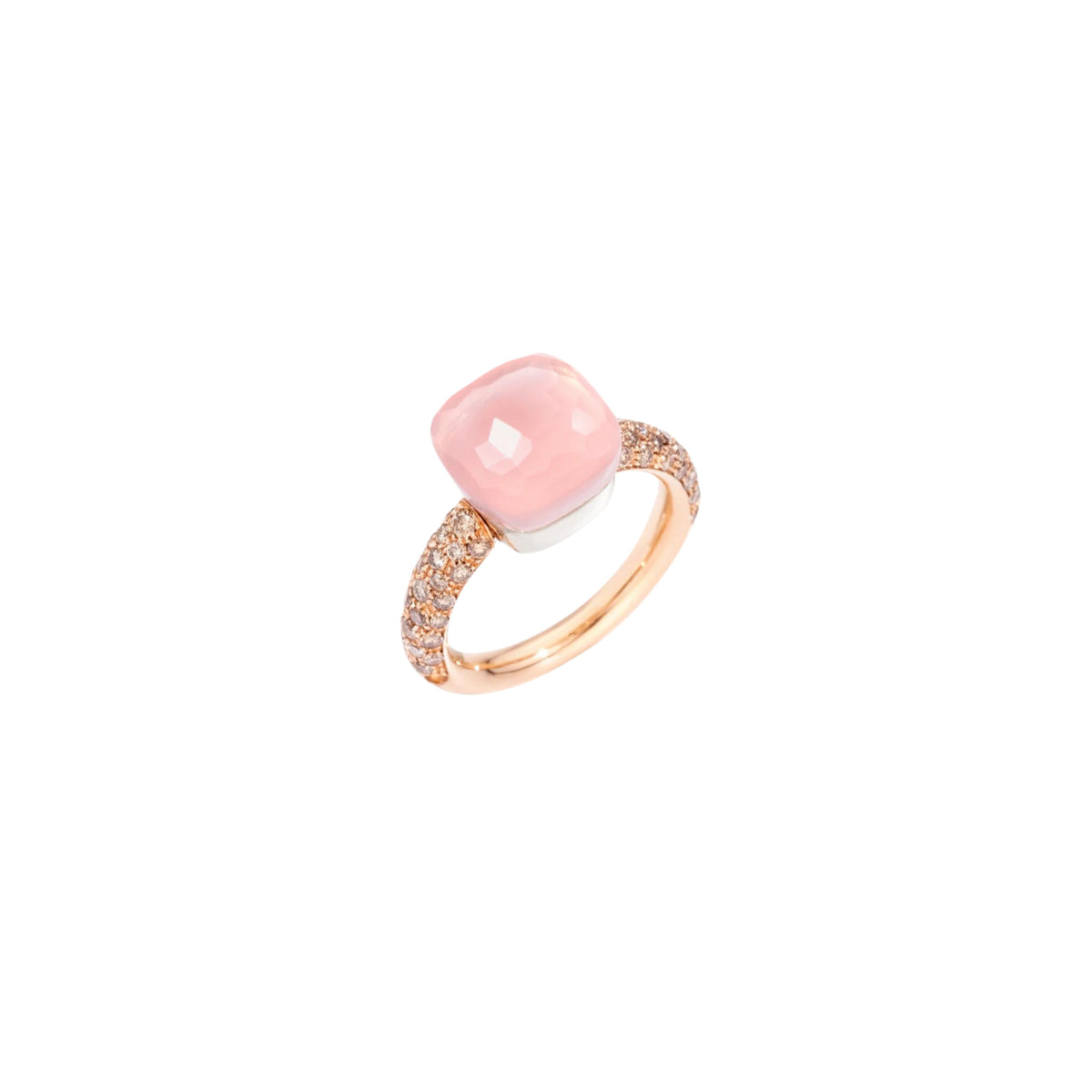 Pomellato Jewelry - Nudo 18K Rose Gold Rose Quartz and Chalcedony with a Brown Diamond Pavé Classic Ring | Manfredi Jewels